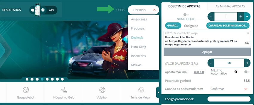 Como mudar o tipo de odds na 22bet